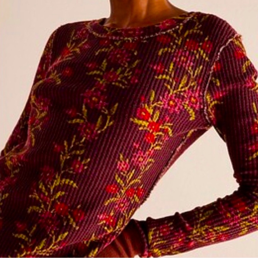 Free People We The Free Pretty Little Thermal, Burgundy Combo, Size Medium
